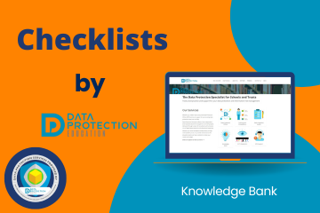 Checklists in navy text by Data Protection Education. Data Protection Services badge.  The DPE Knowledge Bank on a laptop screen 